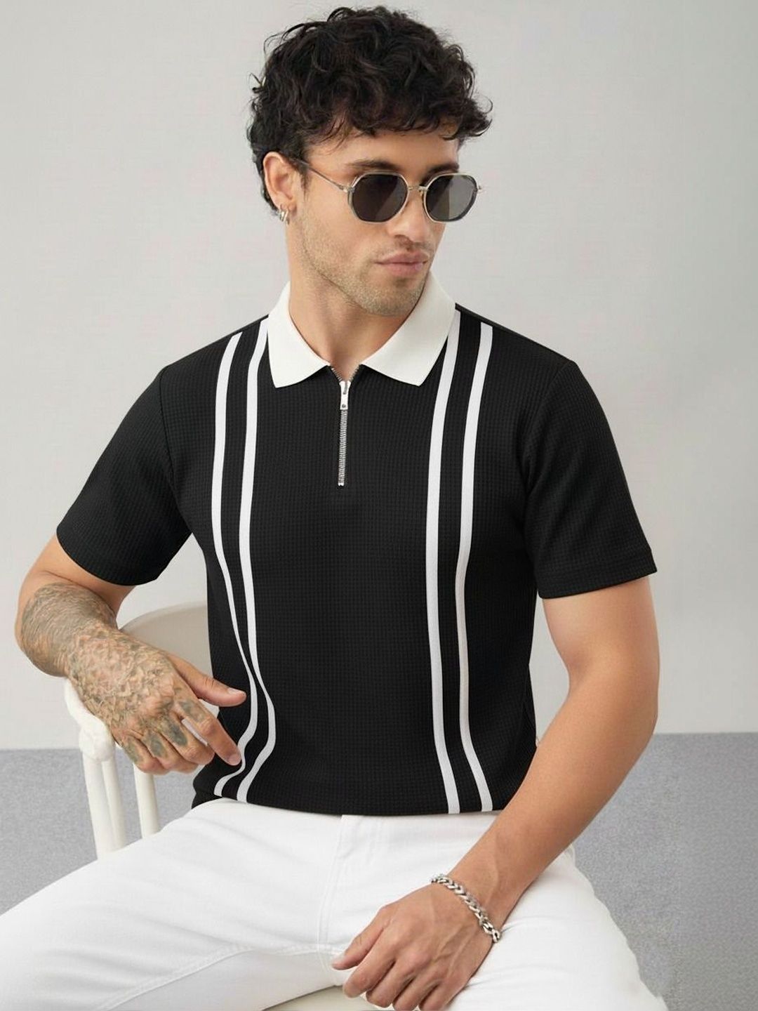 R.Code by The Roadster Life Co. Men Striped Polo Collar T-shirt