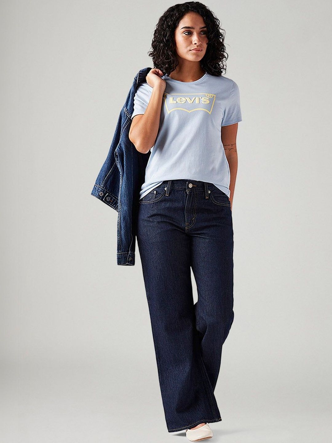 Dark-Blue Loose Bootcut Fit Mid Rise Jeans