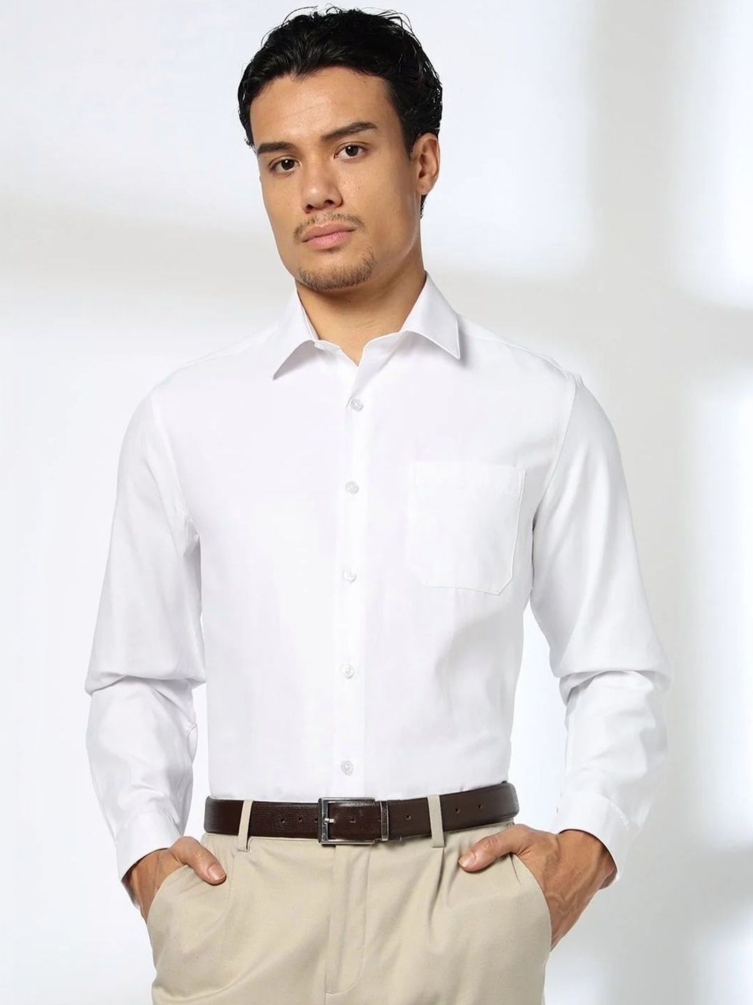 John Players Men's Slim Fit Full Sleeves Shirt With Chest-Pocket