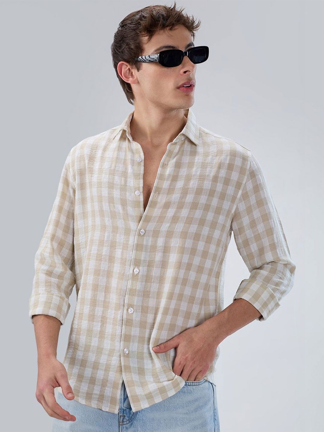 VASTRADO Soft Beige Gingham Checks Shirt