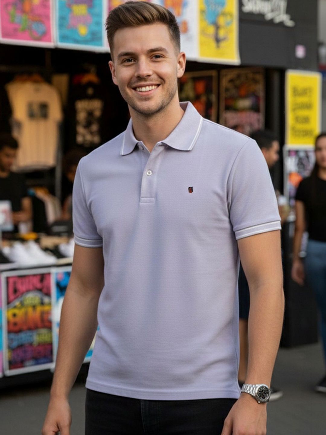 HERE&NOW Men Brand Logo Polo Collar T-shirt