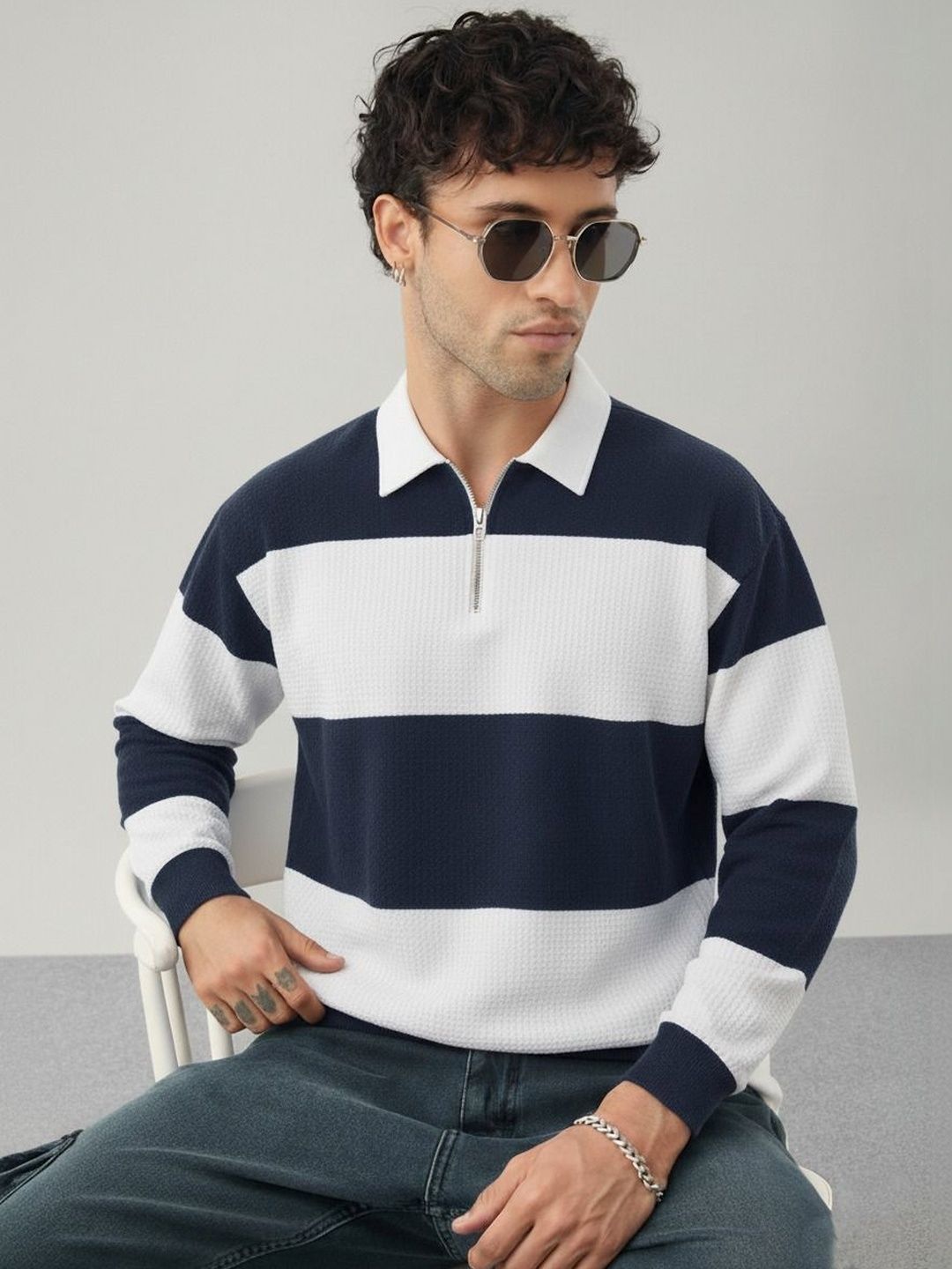 R.Code by The Roadster Life Co. Men Striped Polo Collar T-shirt