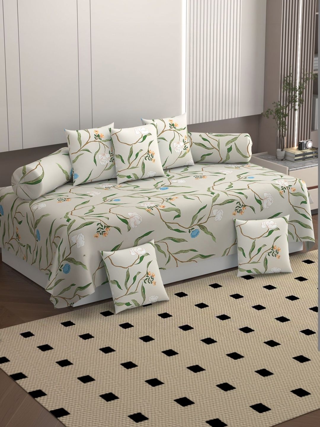 BELVOSTUM 8 Pieces Green Printed Cotton Bedsheet With Bolster & Cushion Covers