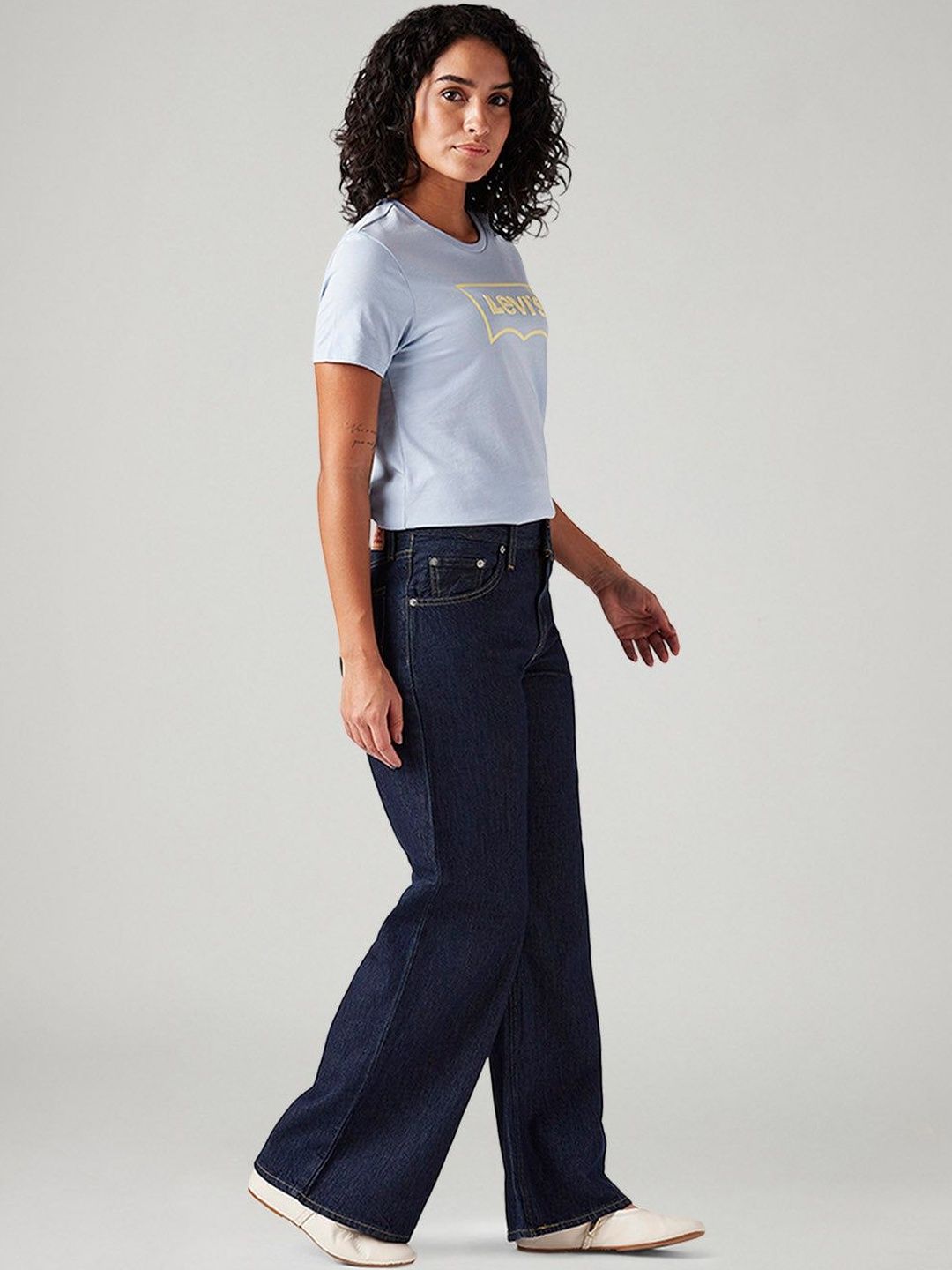 Dark-Blue Loose Bootcut Fit Mid Rise Jeans
