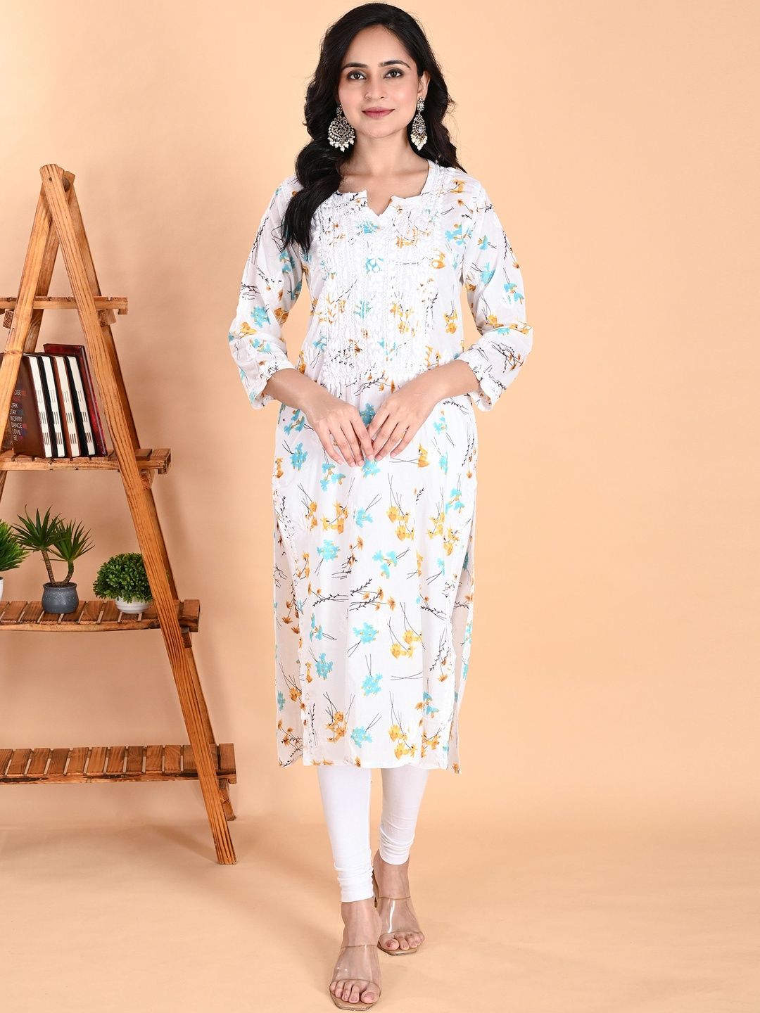 NAZAIRA Floral Printed V-Neck Chikankari Pure Cotton Chikankari Kurti