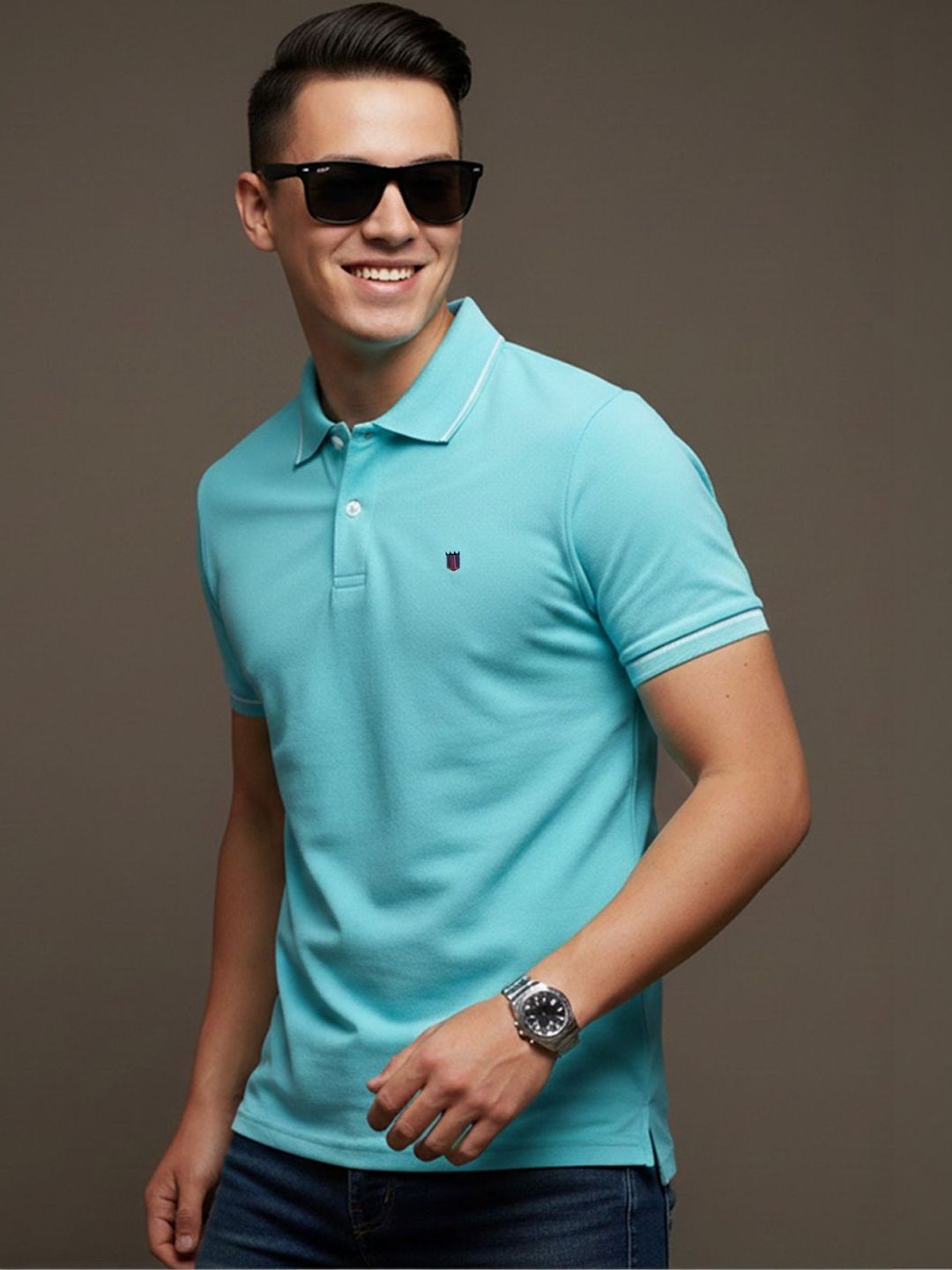 GENZA Turquoise Blue Polo Collar T-shirt