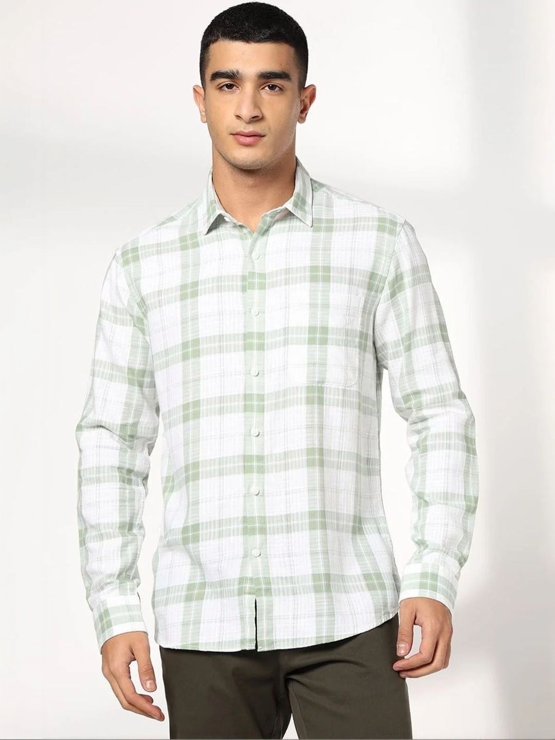 John Players Men's Checked Slim Fit Cotton Shirt With Chest-Pocket