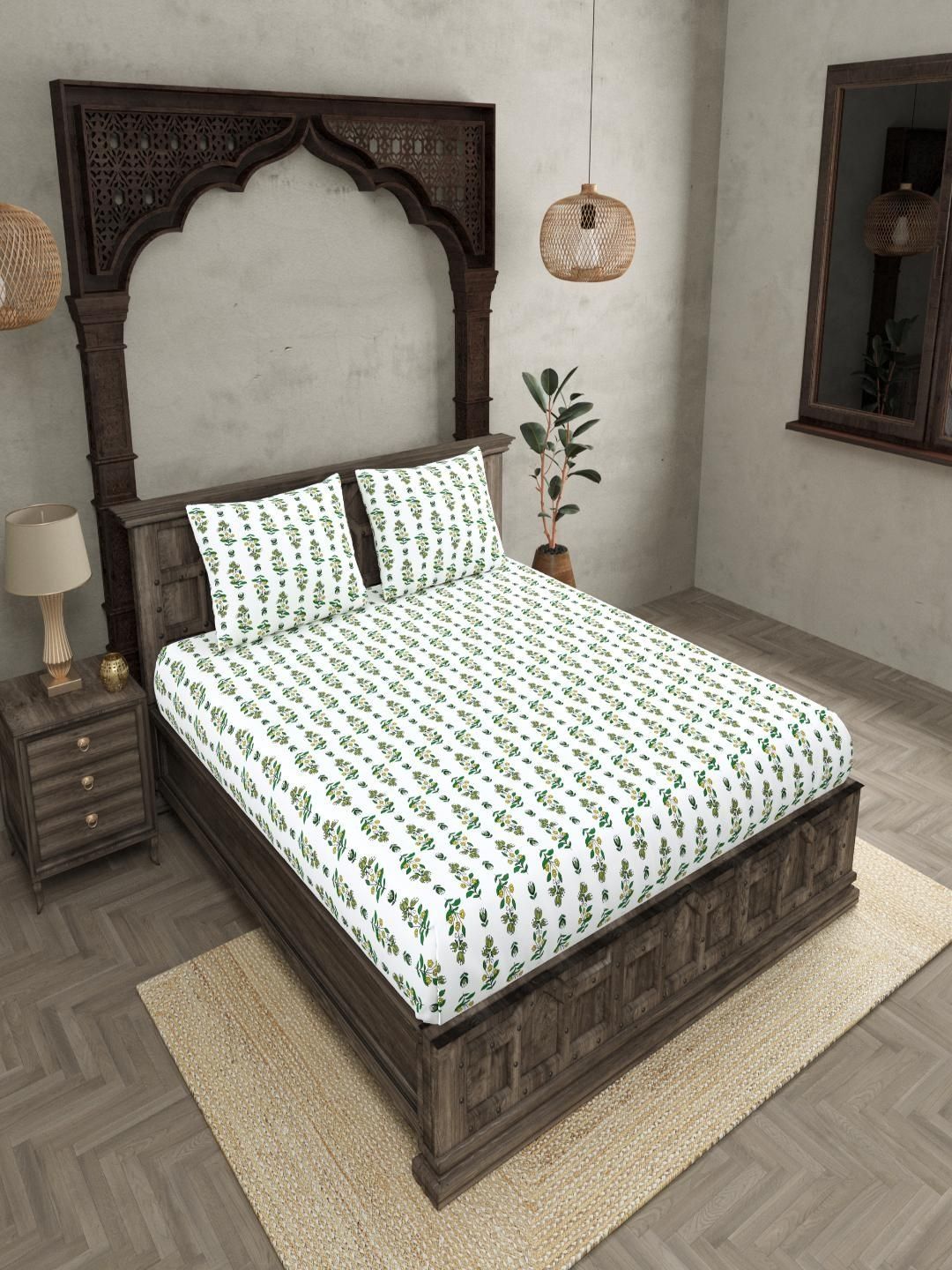 JAIPUR FABRIC JAIPUR FABRIC White Floral Double Bedsheet with 2 Pillow Covers