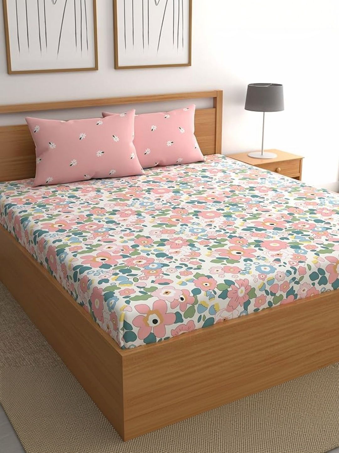 NeLeo White & White Floral 300 TC Bedsheet with 2 Pillow Covers
