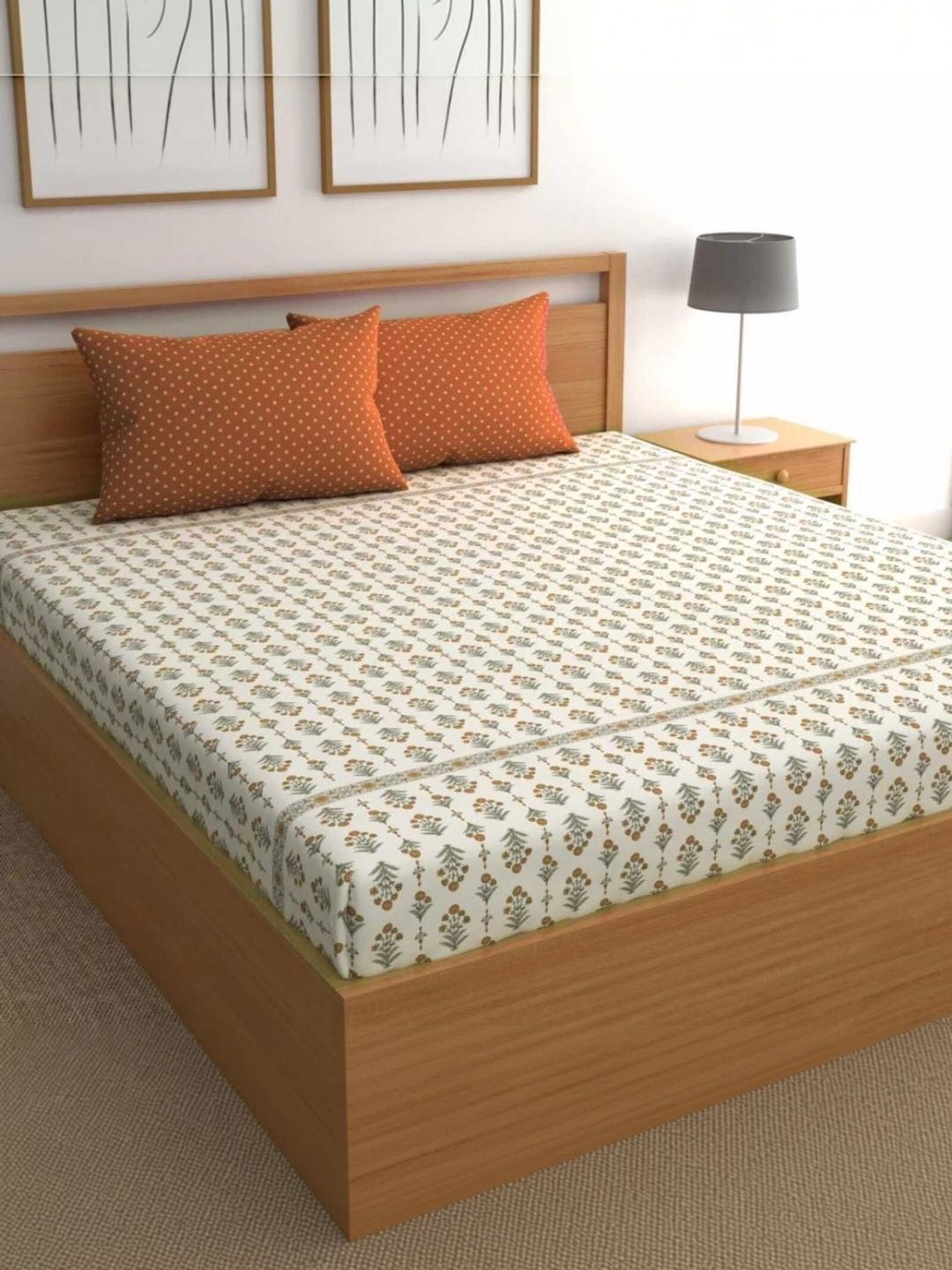 NeLeo White & Cream-Coloured Floral 300 TC King Bedsheet with 2 Pillow Covers