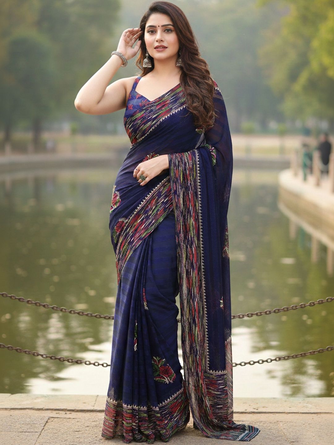MAGNEITTA Floral Zari Pure Chiffon Designer Saree