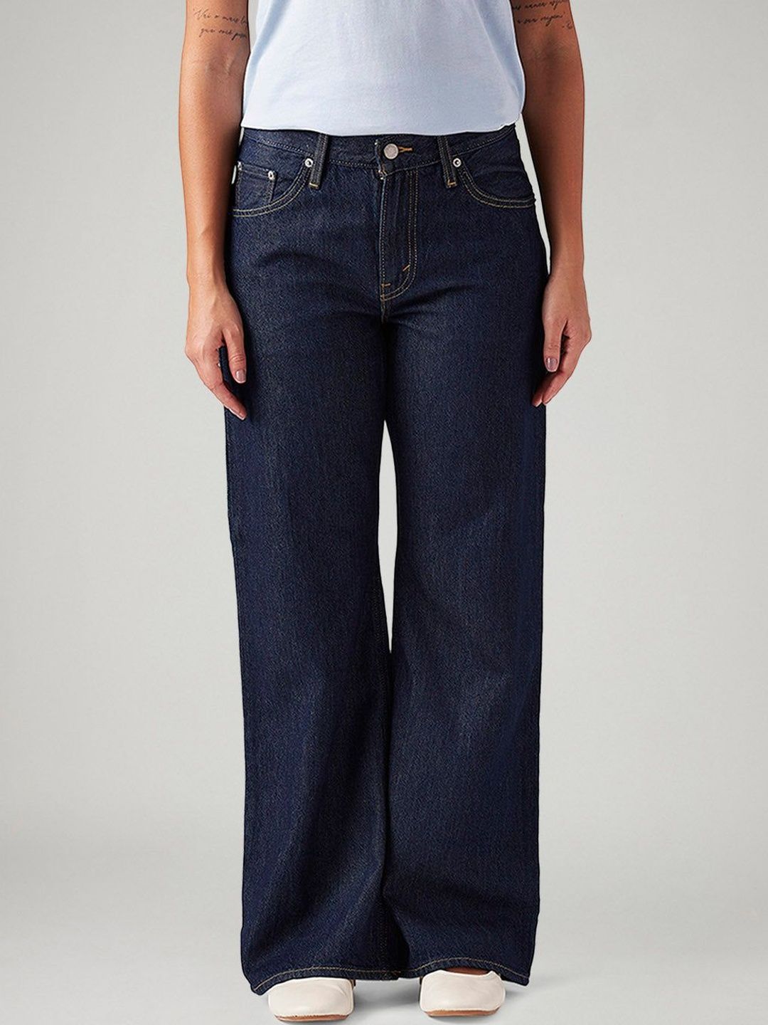 Dark-Blue Loose Bootcut Fit Mid Rise Jeans