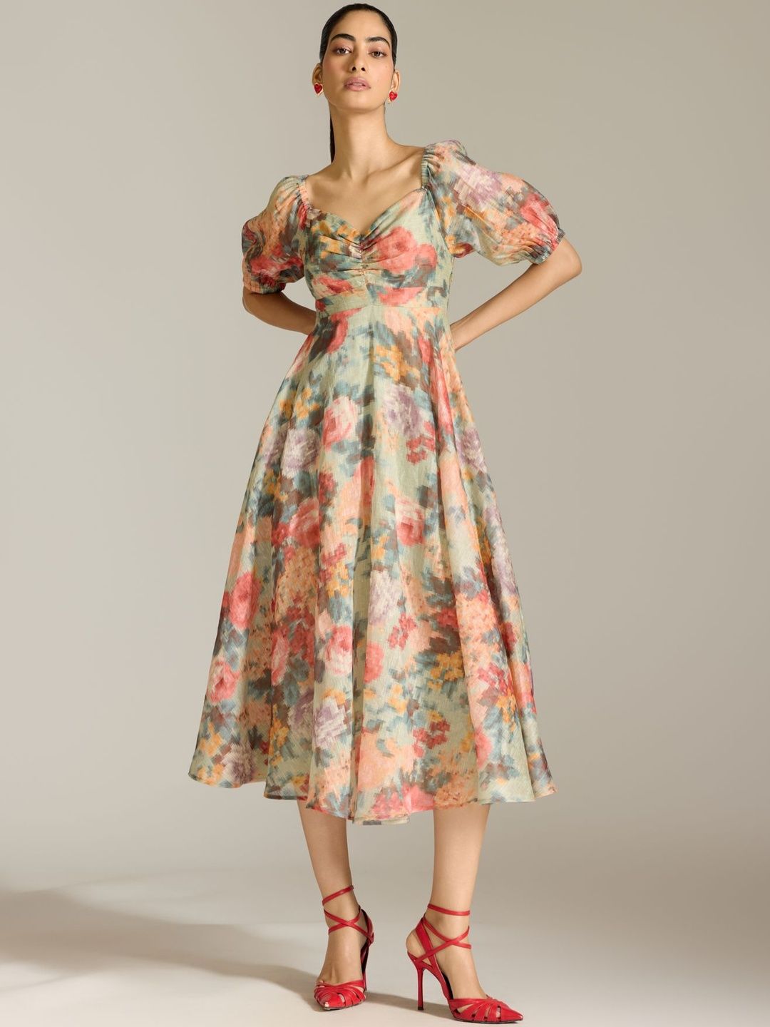 ritu kumar cocktail dresses Red Flat Dupion Printed & Hand Embroidered Dress Design by Ri Ritu Kumar at Pernia's Pop Up Shop 2026
