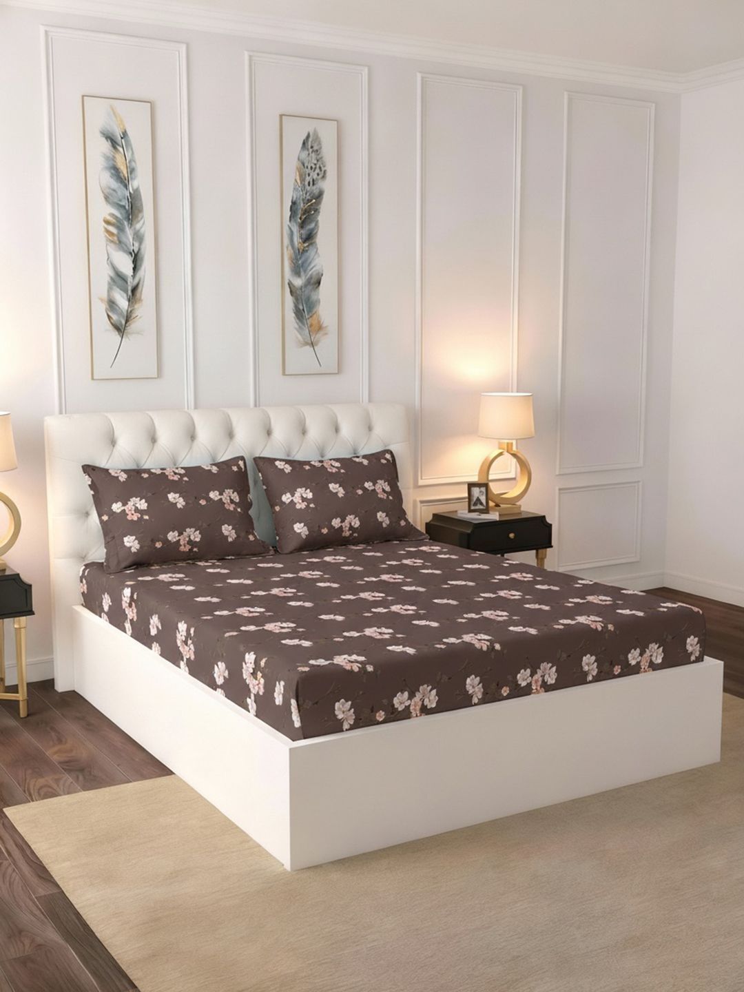 Raymond Home Raymond Home Brown Floral 120 TC Bedsheet with 2 Pillow Covers