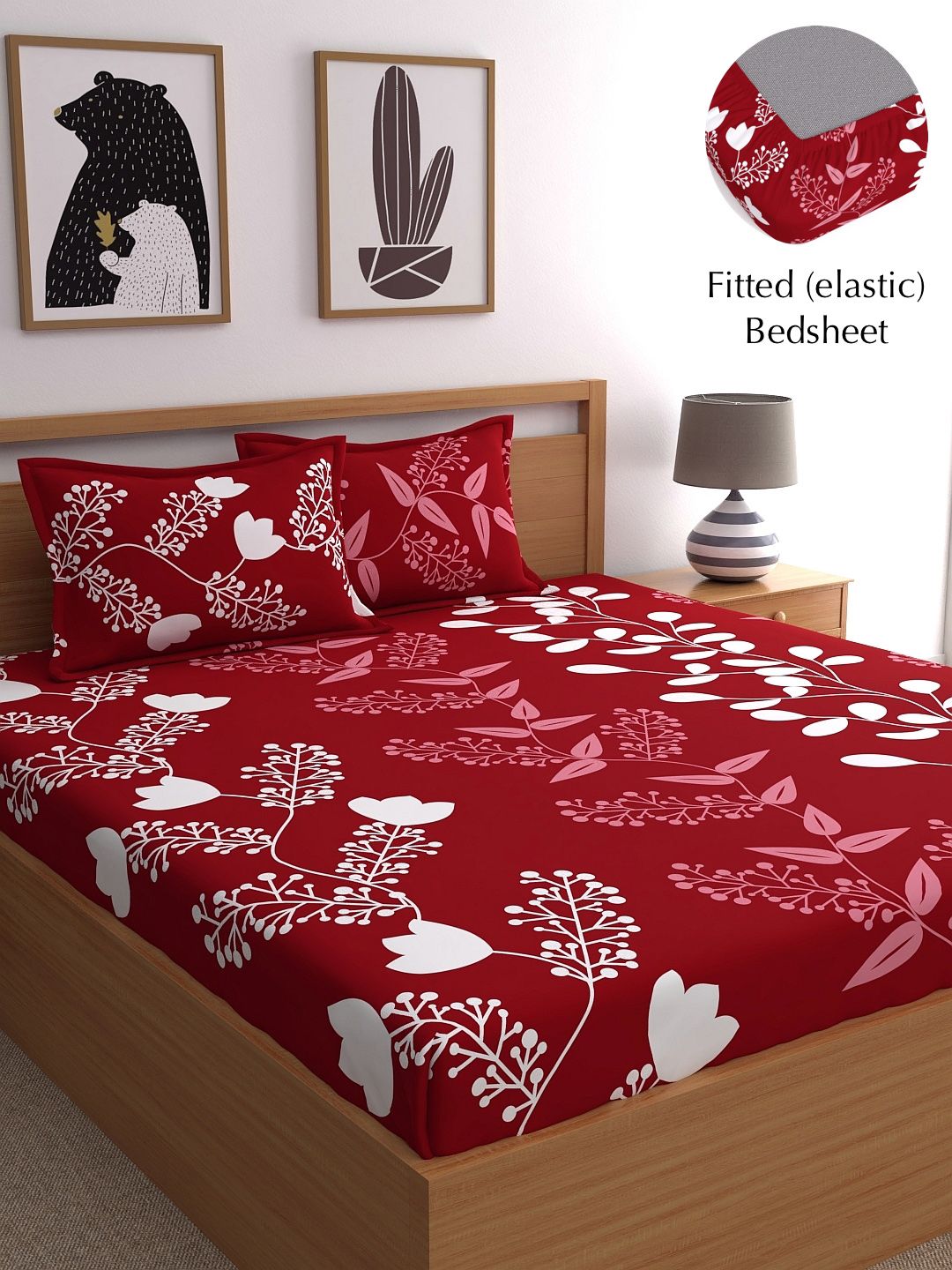 Home Ecstasy Red Conversational Pure Cotton 140 TC Fitted King Bedsheet with 2 Pillow Covers-72 x 78 inches