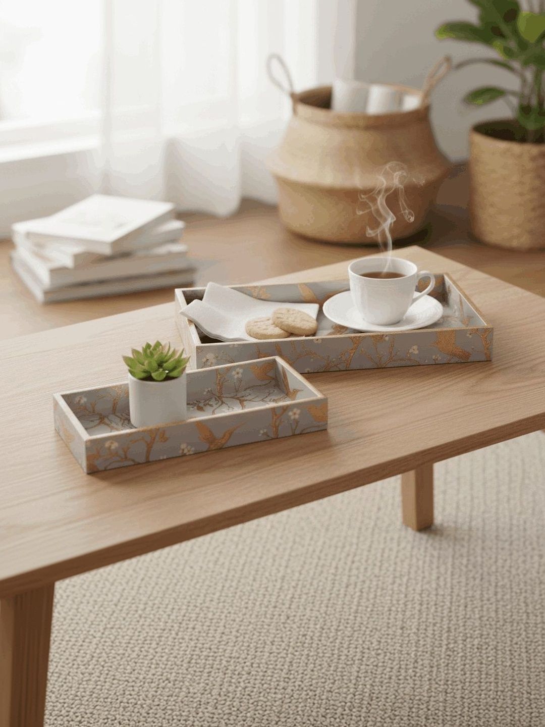 Myntra Elegant Homes Gold-Toned 2026 Wood 2 Pieces Easy to Clean Serving Tray
