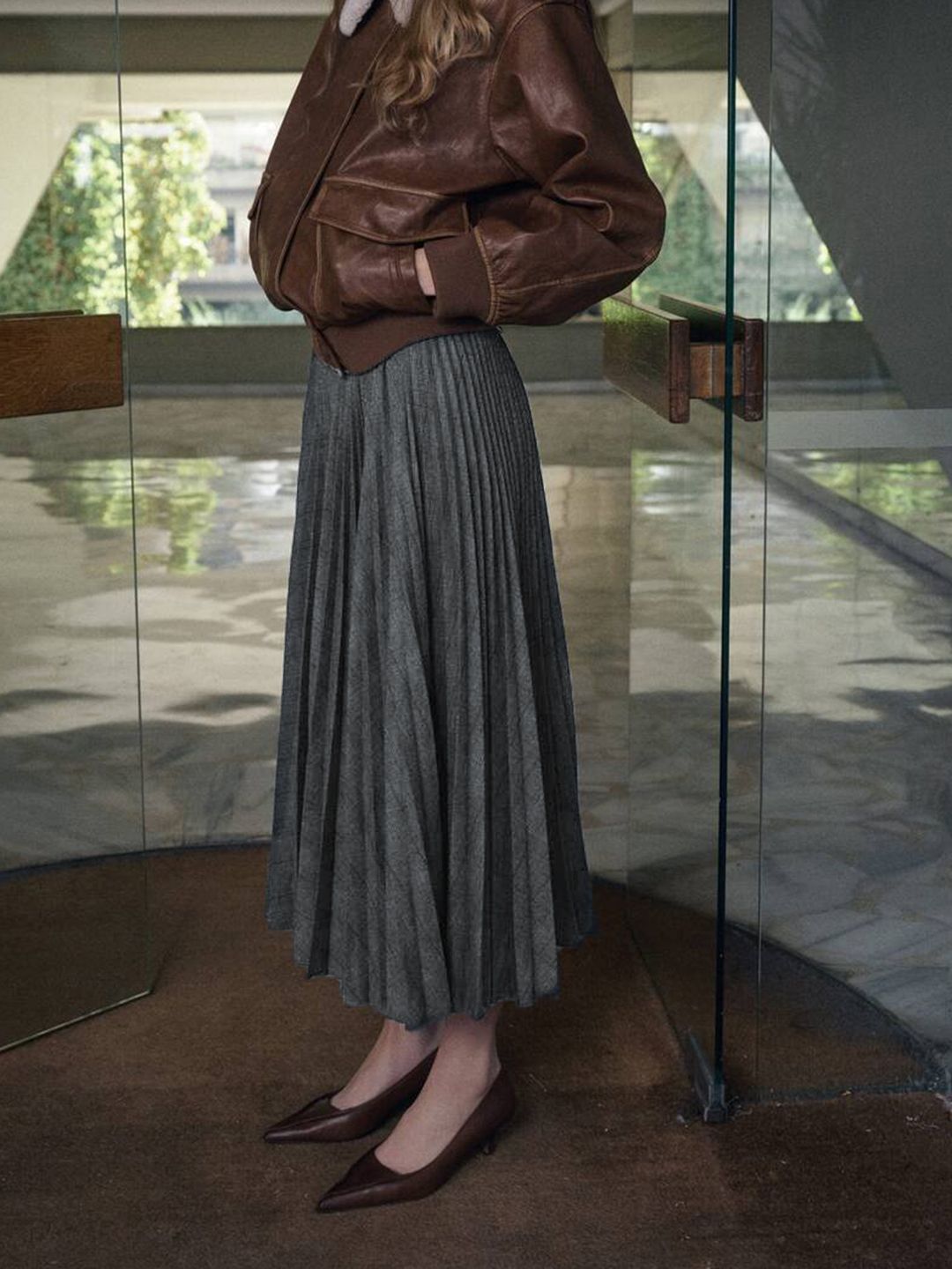 Checked Mid-Rise Accordion Pleated Midi Skirt