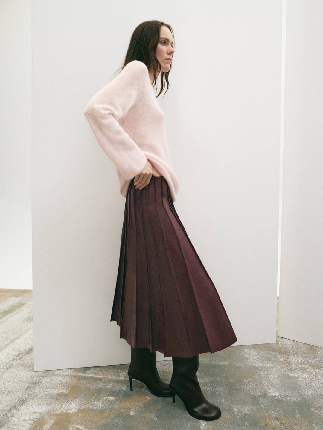 Godet Detail Faux Leather Flared Midi Skirt