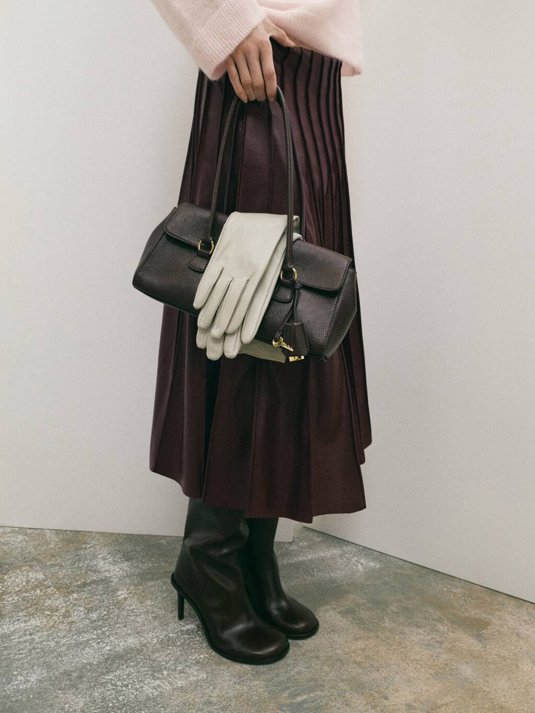 Godet Detail Faux Leather Flared Midi Skirt