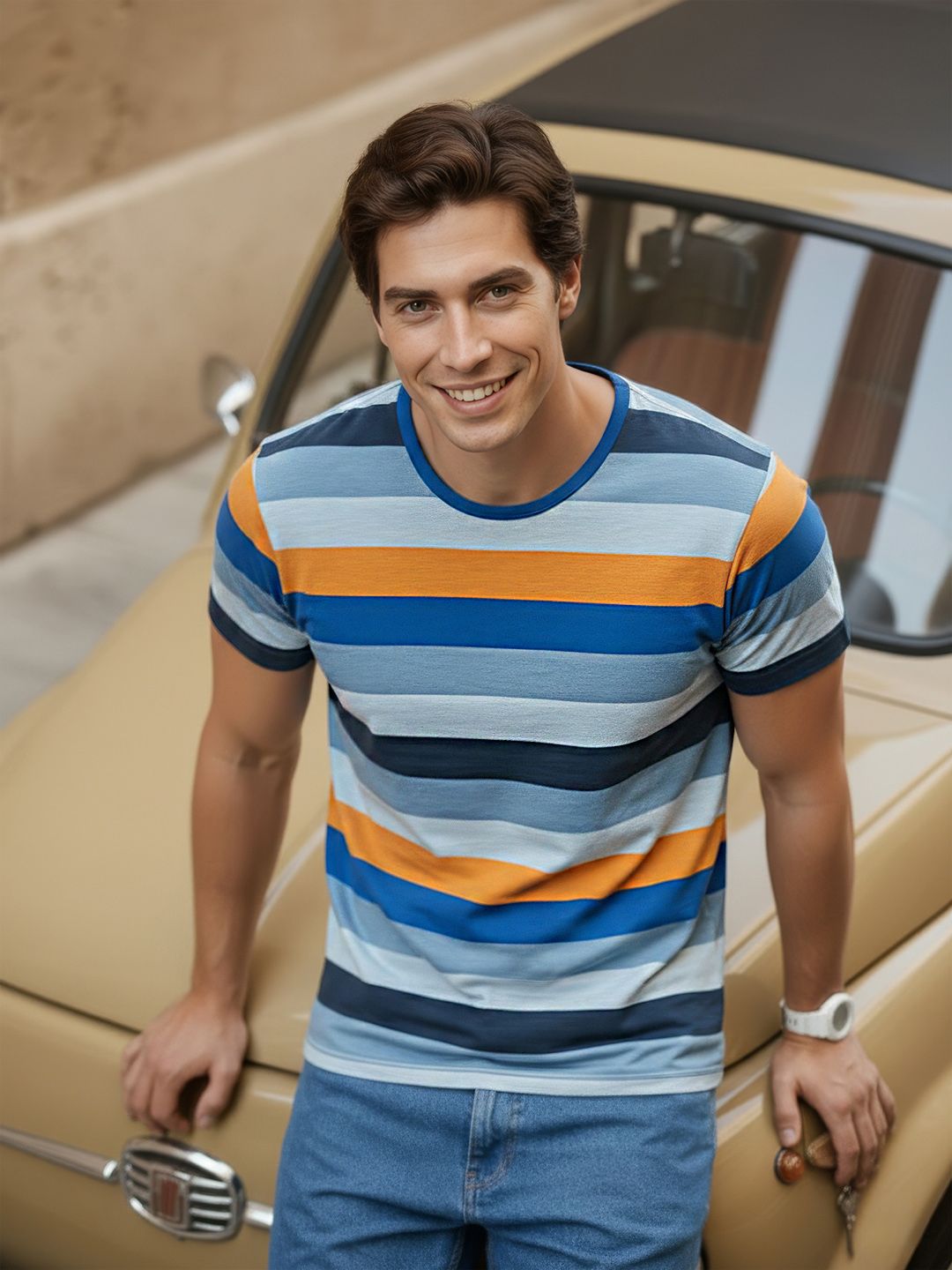 Mast & Harbour Mast  Harbour Men Blue Striped Round Neck Pure Cotton T-shirt