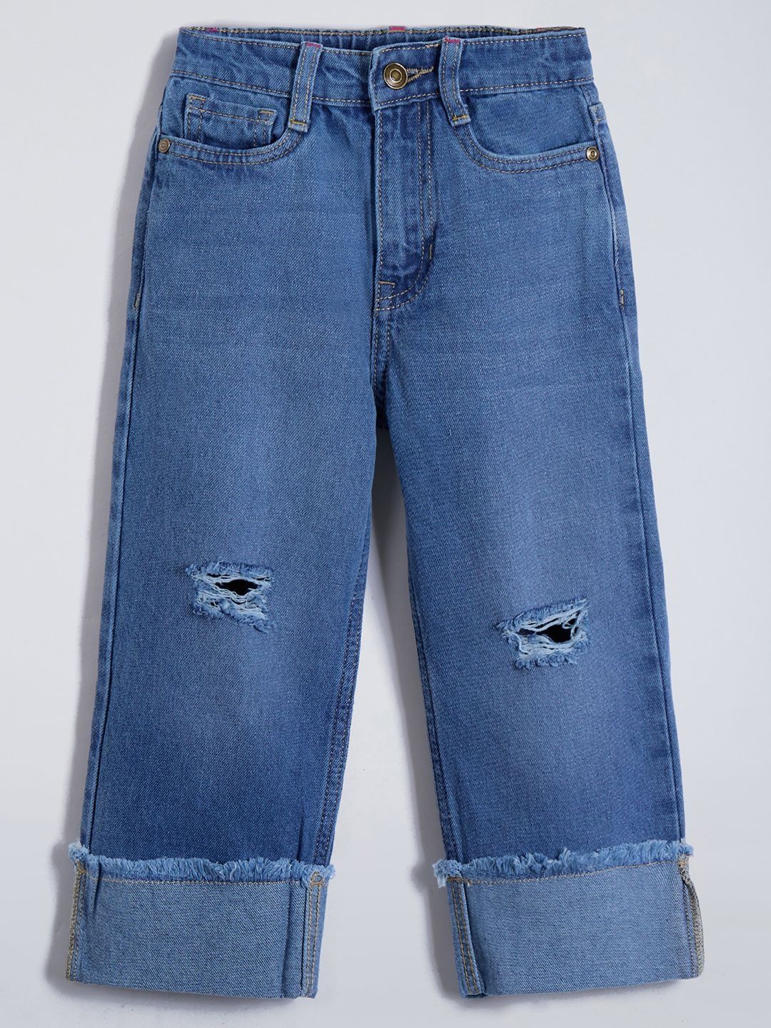 Hopscotch Girls Regular Fit High-Rise Mildly Distressed Light Fade Stretchable Jeans