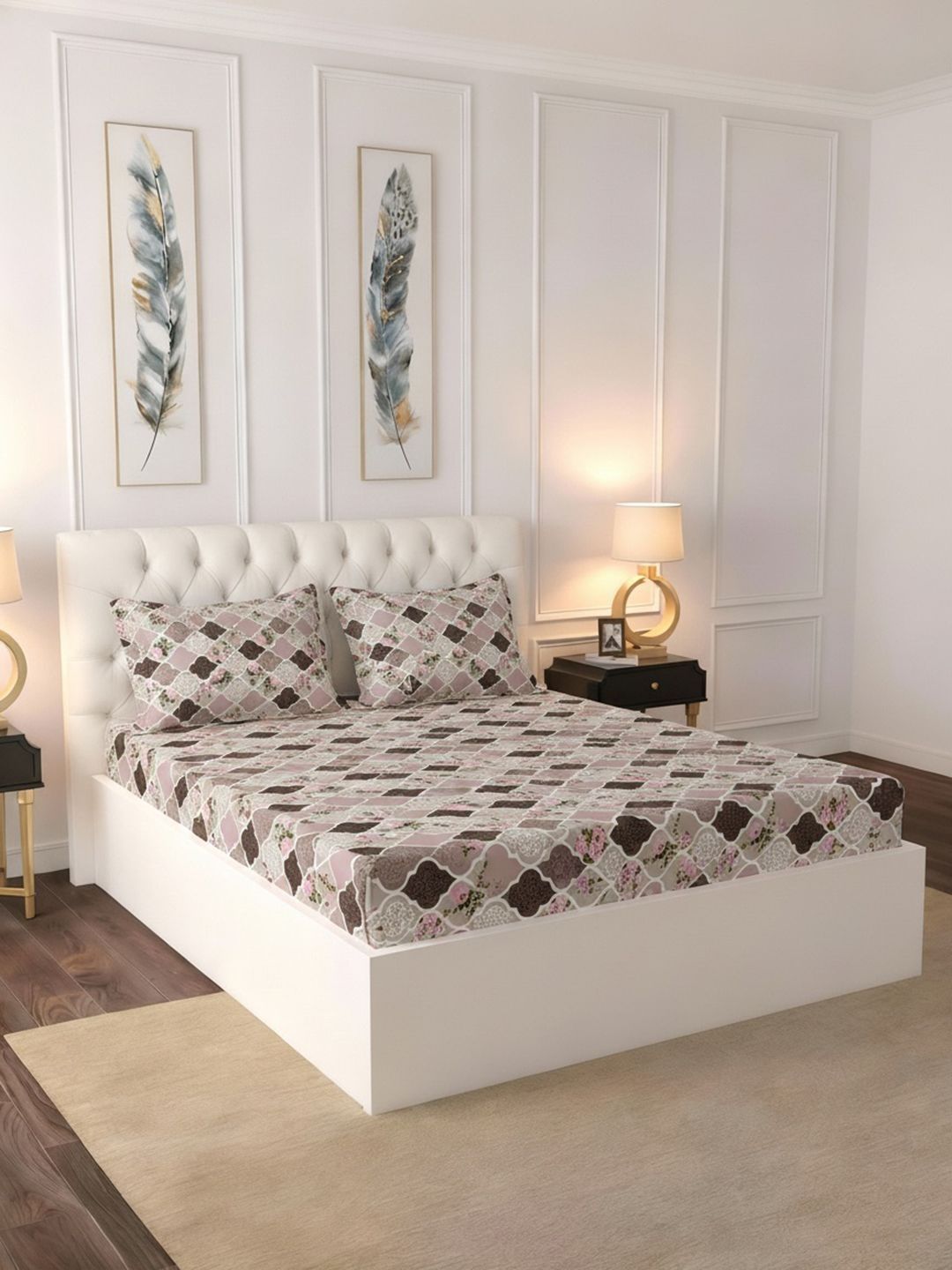Raymond Home Raymond Home Multicoloured & Pink Geometric 120 TC Double Bedsheet with 2 Pillow Covers