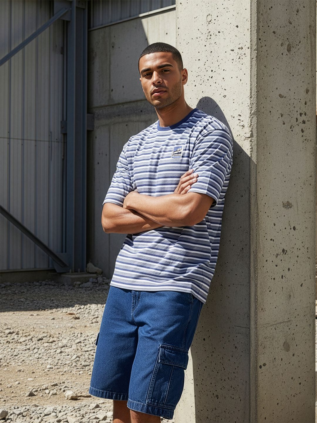 The Roadster Life Co. Striped Drop-Shoulder Sleeves Relaxed T-shirt