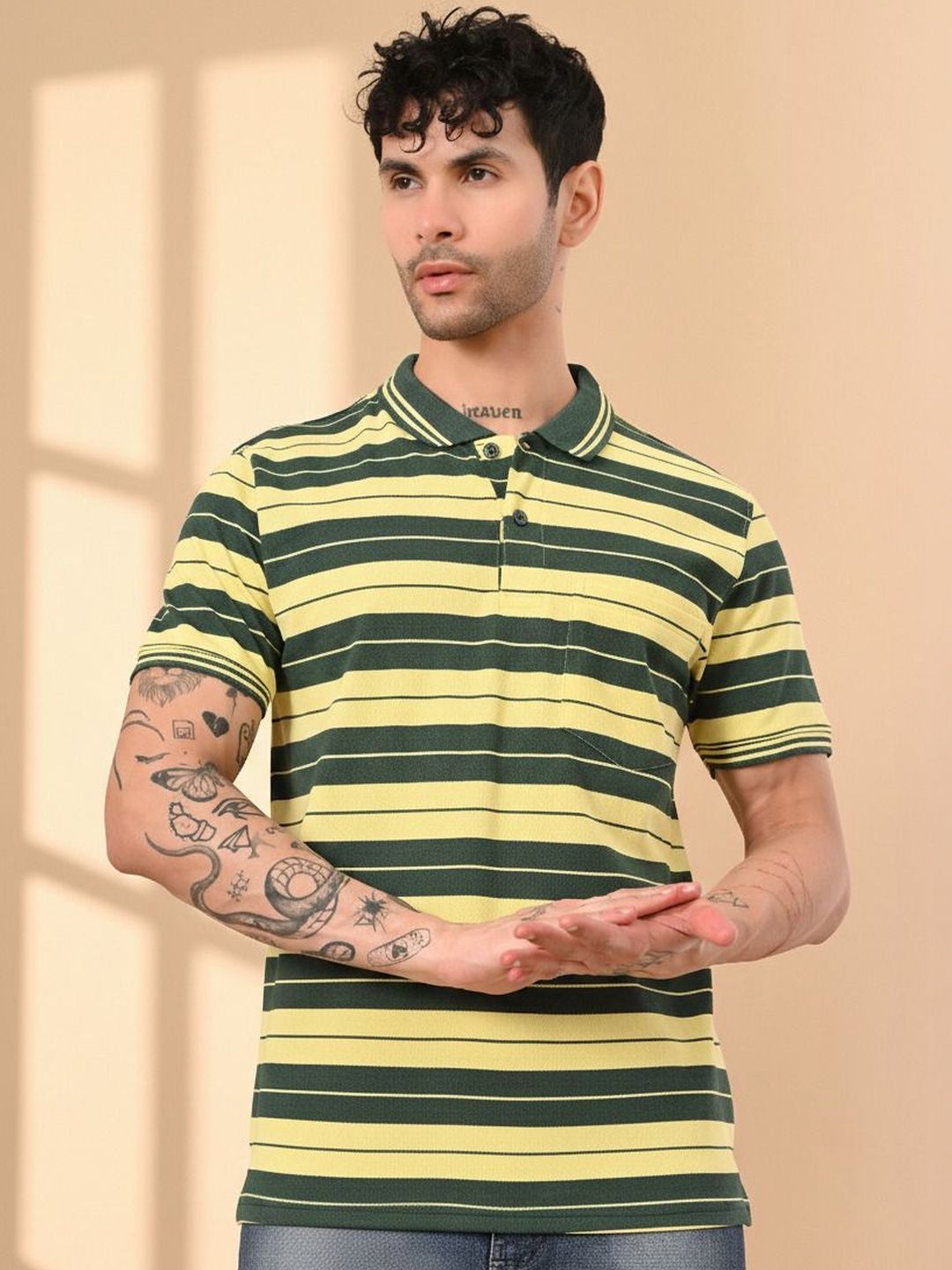 Mast & Harbour Men Striped Polo Collar Pockets T-shirt