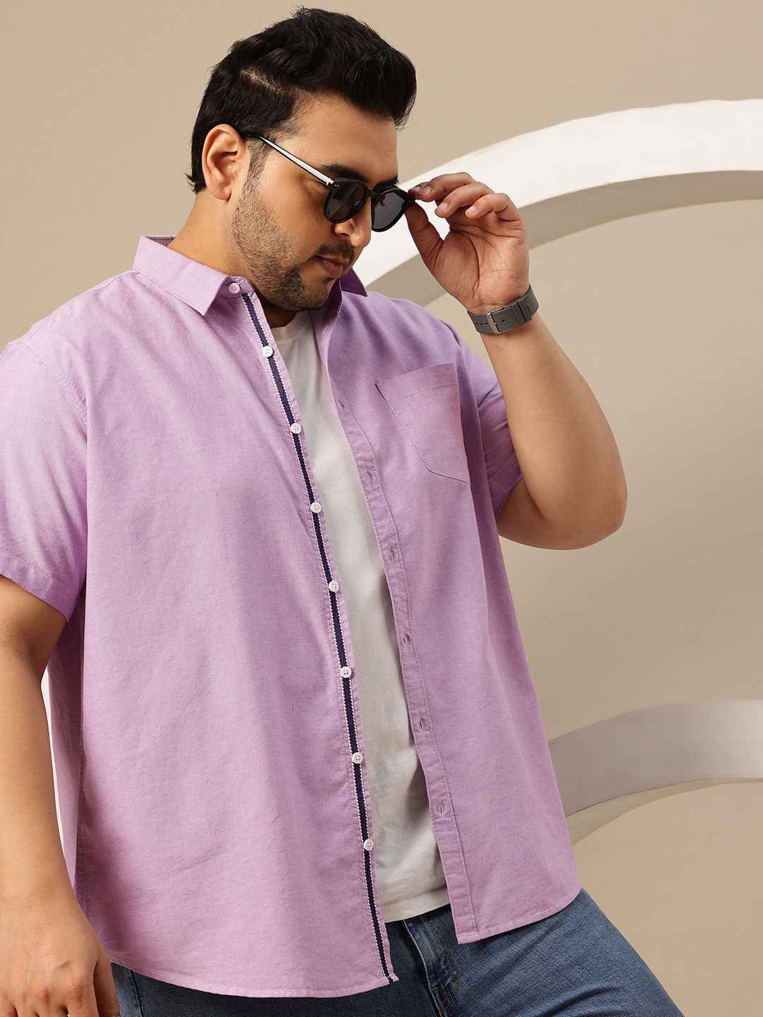Sztori Plus Size Spread Collar Pure Cotton Casual Shirt with Pleated Detail