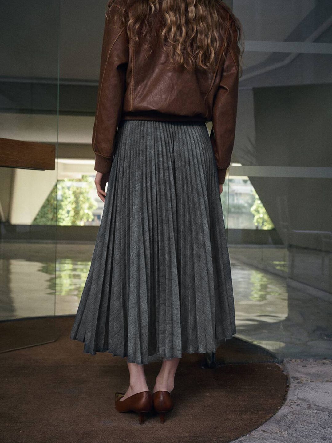 Checked Mid-Rise Accordion Pleated Midi Skirt