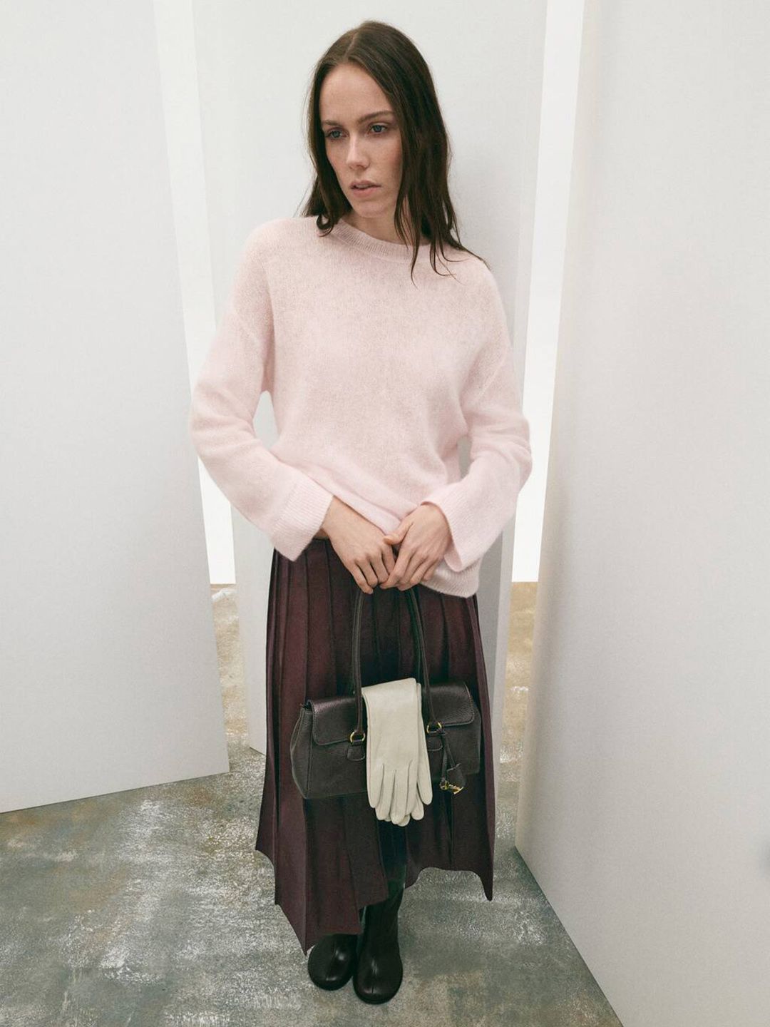Godet Detail Faux Leather Flared Midi Skirt