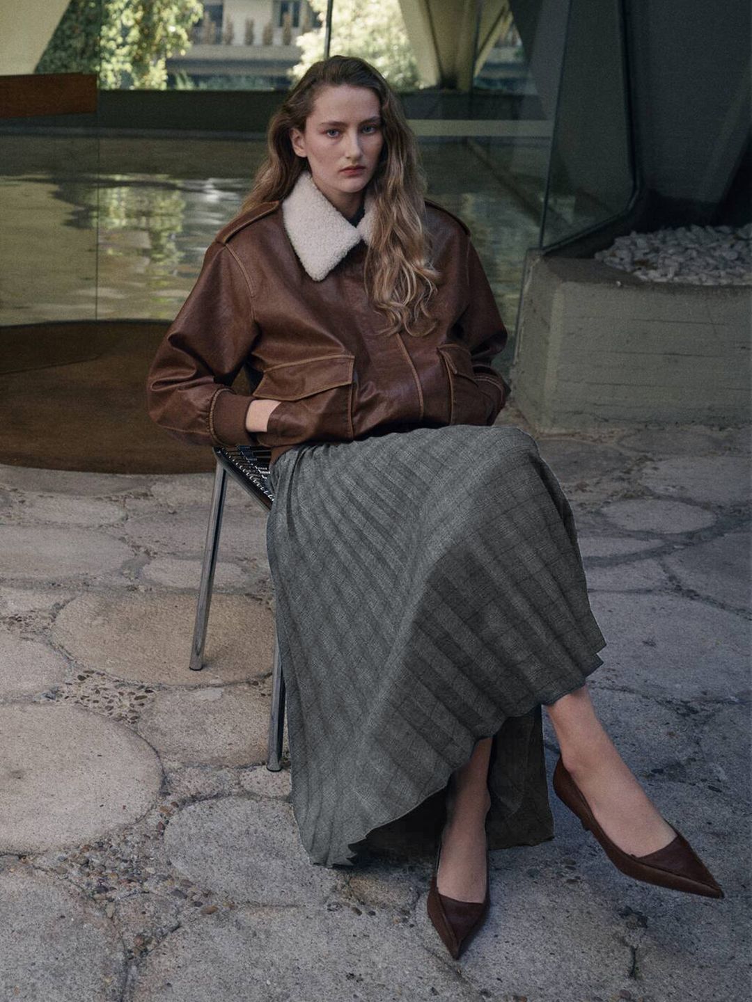 Checked Mid-Rise Accordion Pleated Midi Skirt