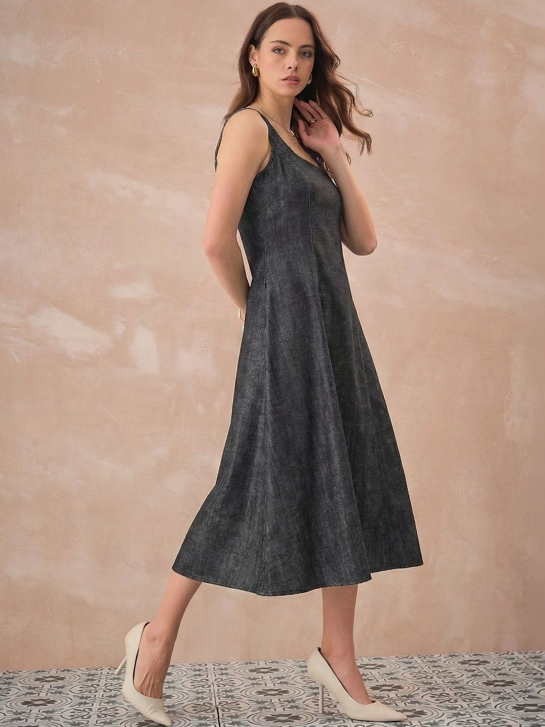 all about you all about you Layered Denim Fit & Flare Midi Dress