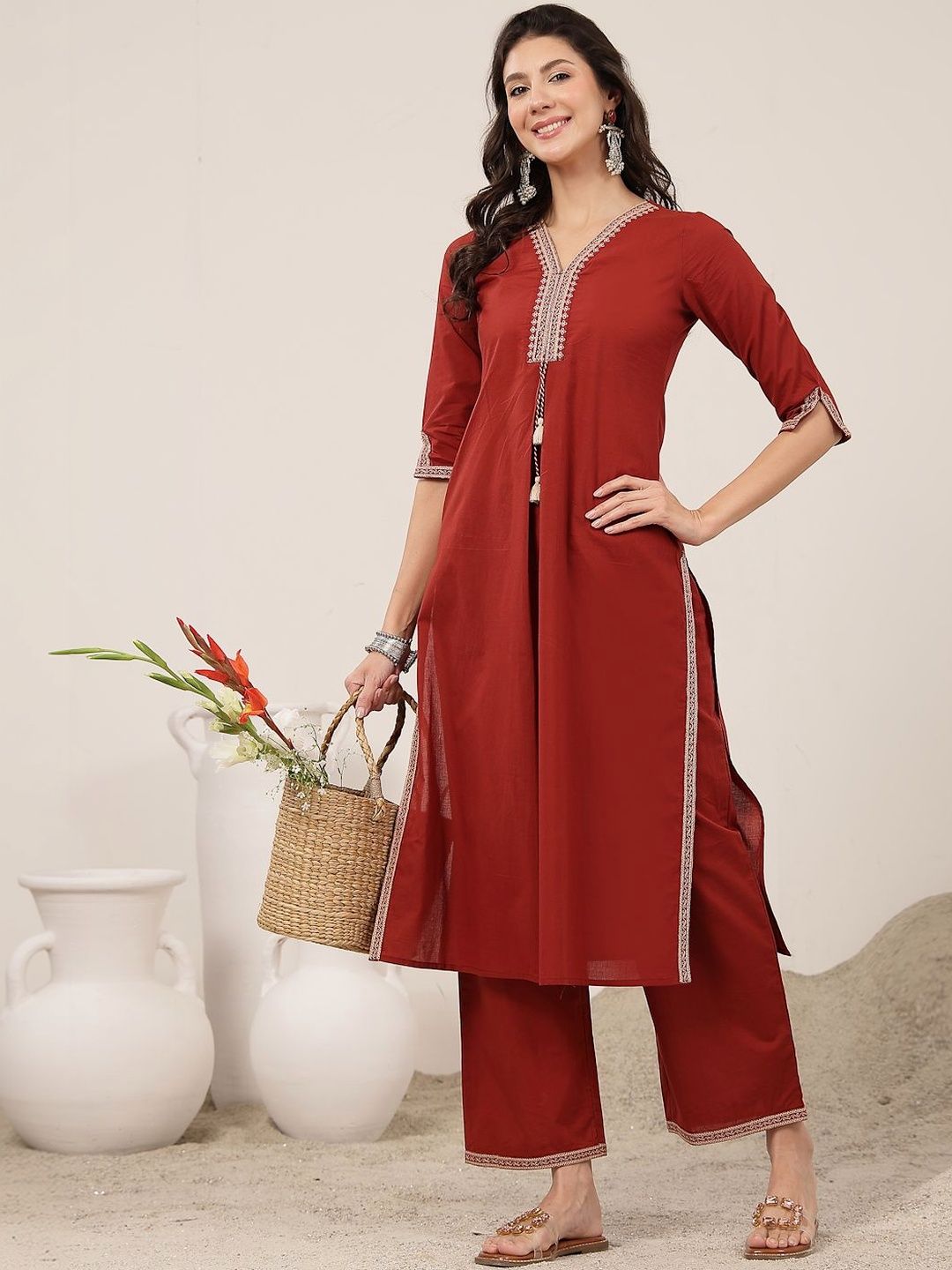 GULMOHAR JAIPUR GULMOHAR JAIPUR Women Ethnic Motifs Embroidered Regular Thread Work Kurta with Palazzos