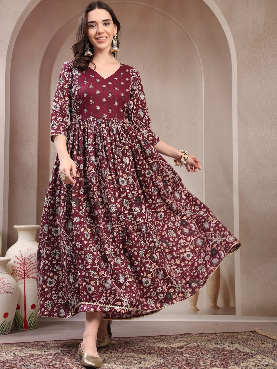 RANGEELO JAIPUR Women Floral Printed Thread Work Maternity Anarkali Kurta