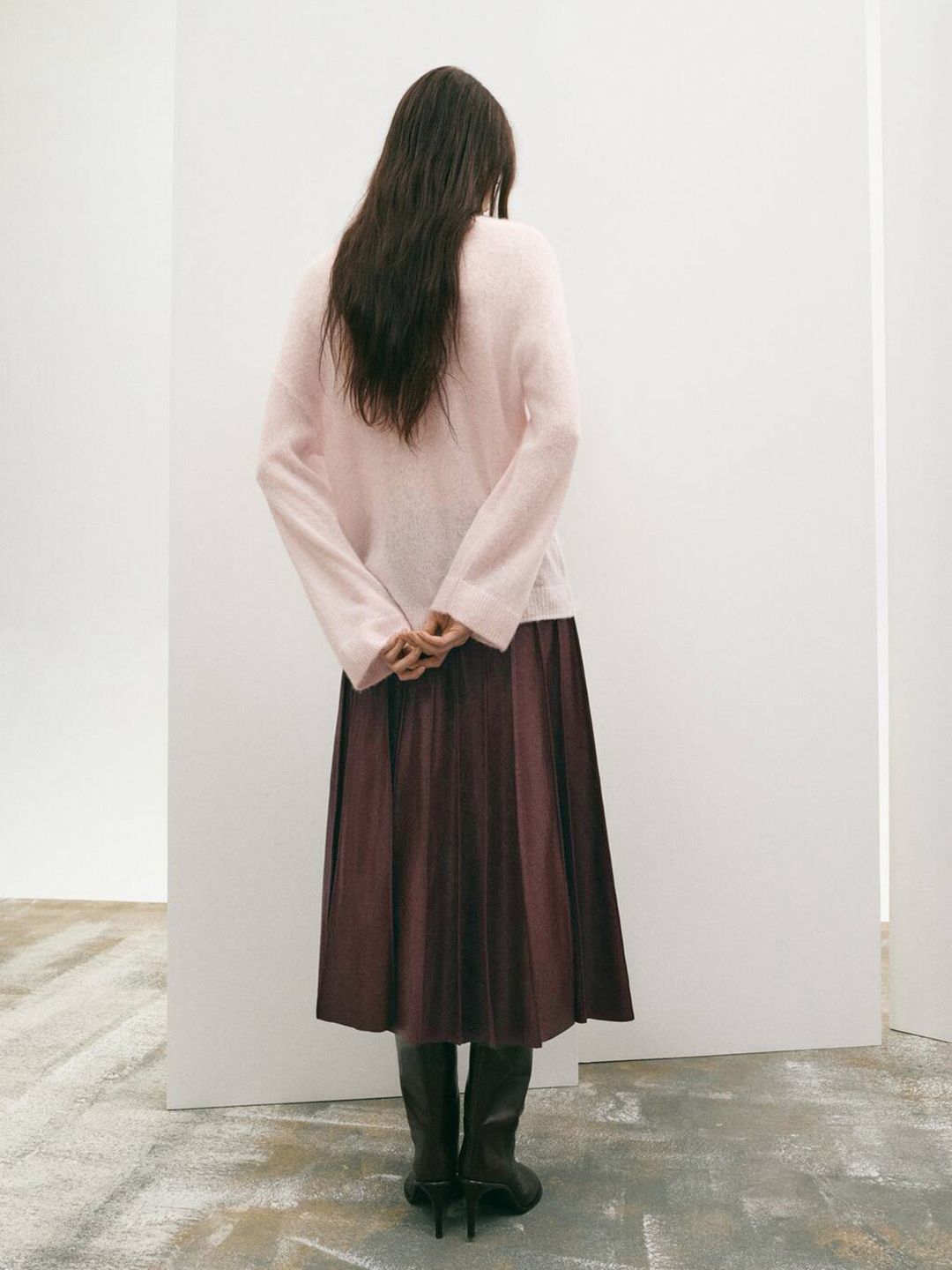 Godet Detail Faux Leather Flared Midi Skirt