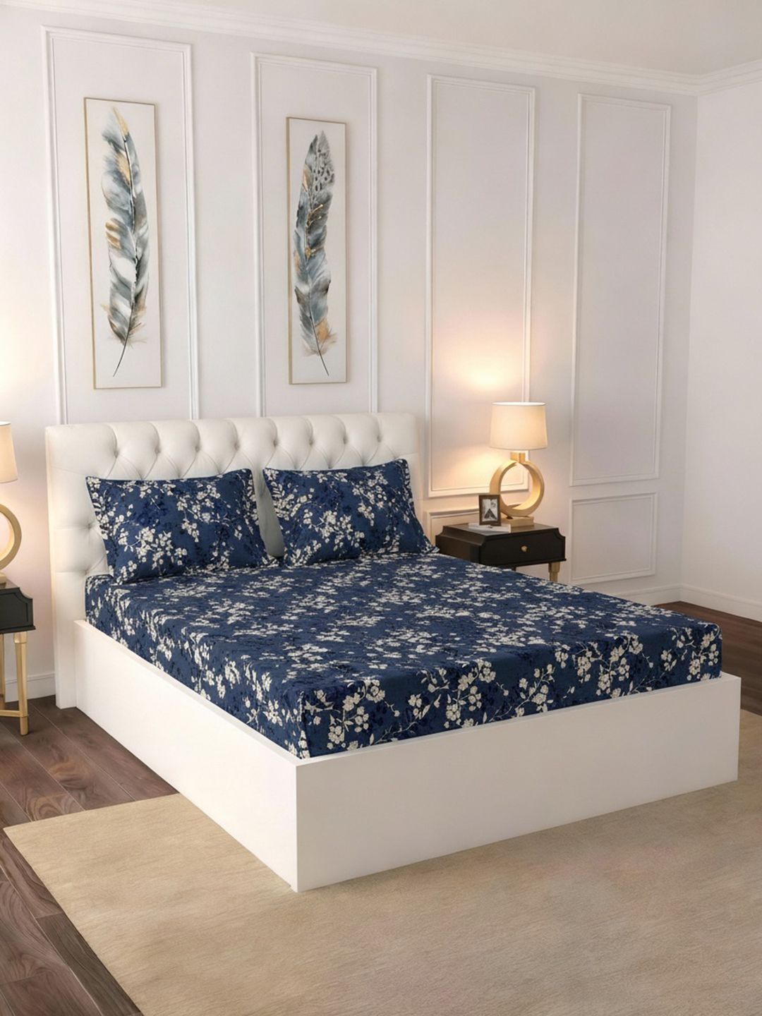 Raymond Home Raymond Home Navy Blue Floral 120 TC King Bedsheet with 2 Pillow Covers