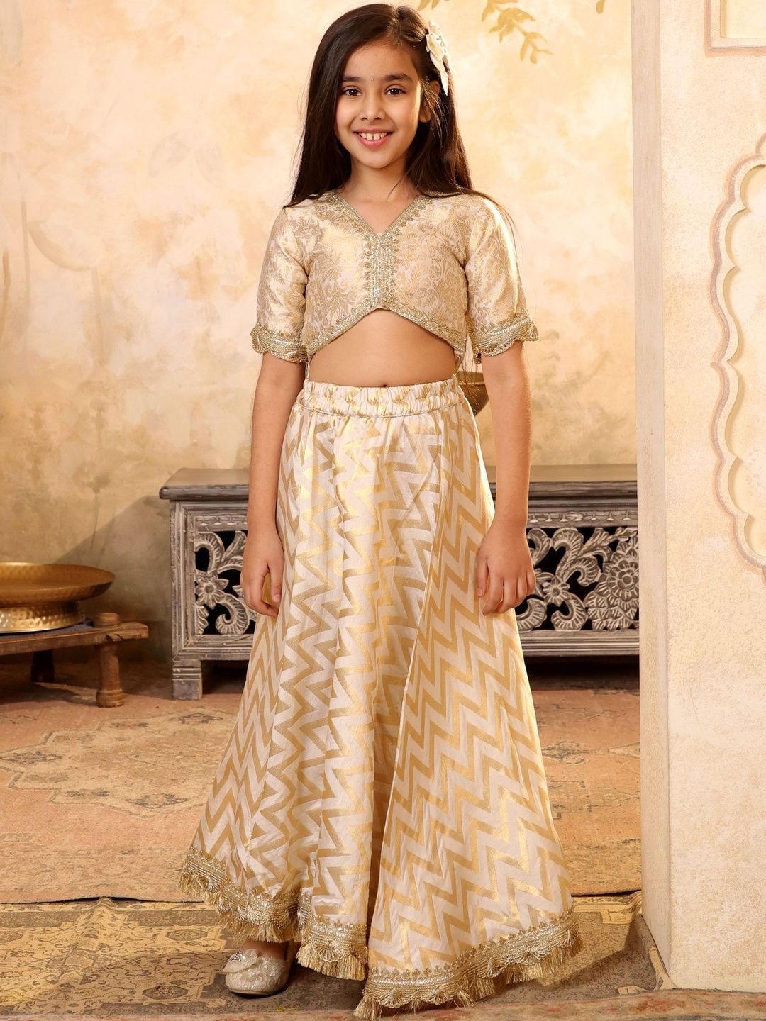 SHORGUL Girls Ready To Wear Brocade High Low Top And Lehenga