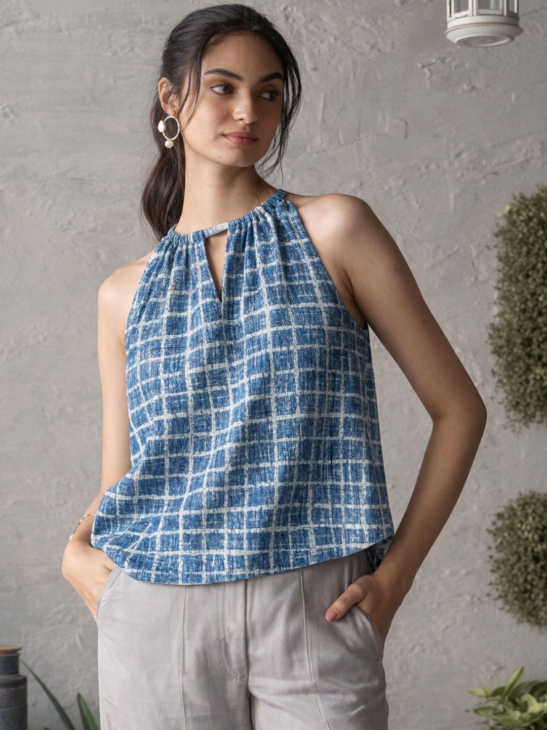 Canoopi Geometric Print Halter Neck Cotton Tank Top
