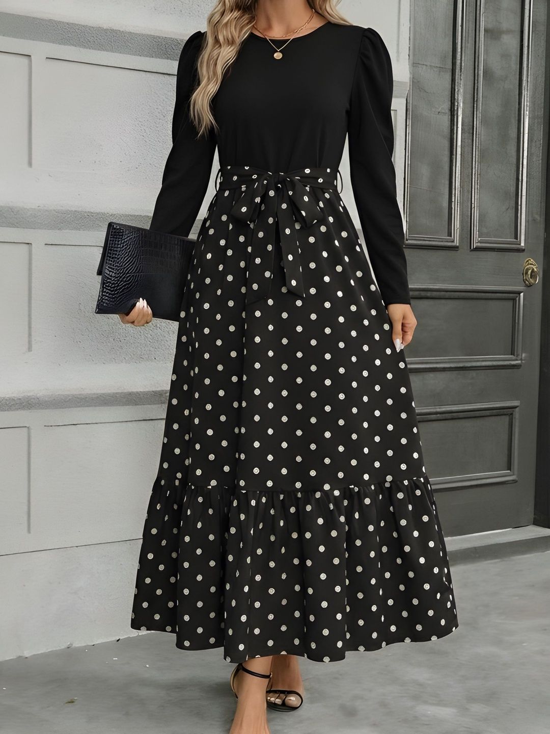 AmorLuxe Polka Dot Print Puff Sleeve A-Line Maxi Dress