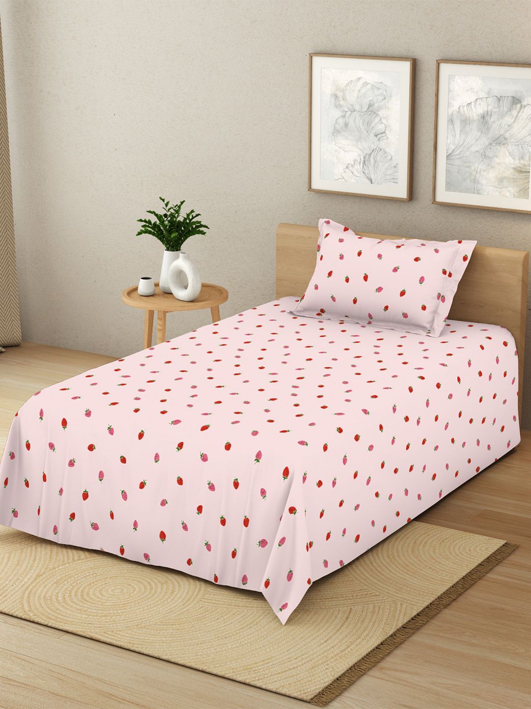 Himeya Himeya 190 TC Pink Single Bedsheet with 1 Pillow Cover 60 x 88 Inches