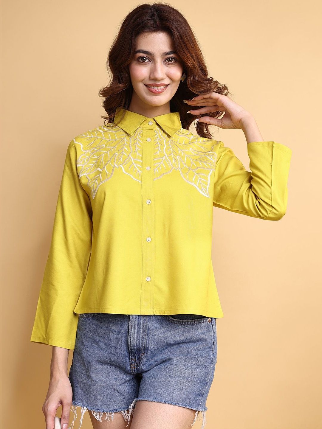Buy Kinjo Women Embroidered Mandarin Collar Shirt Style Top - Tops