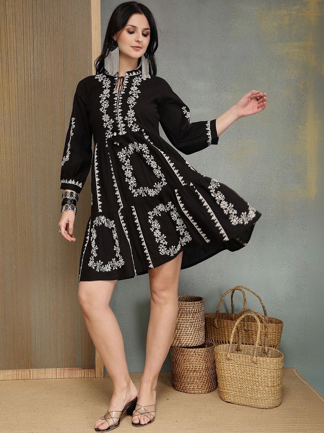 Embroidered Cotton Flex Dress Stylum Floral Embroidered A-Line Dress