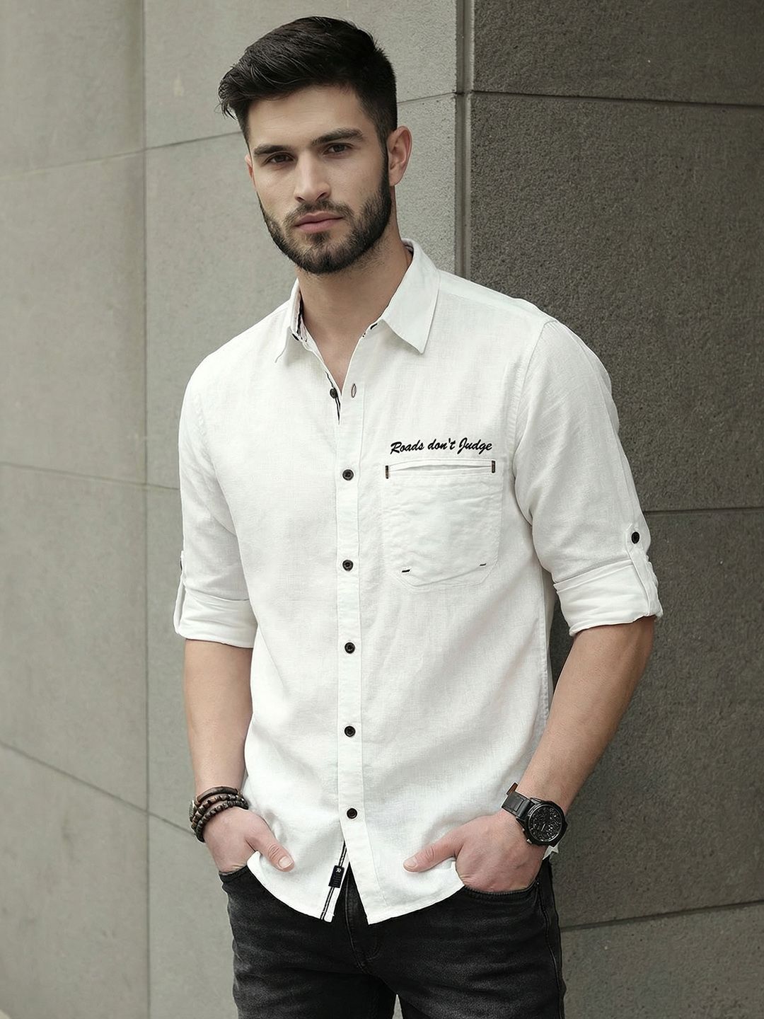 Roadster Men White Solid Casual Linen-Cotton Shirt