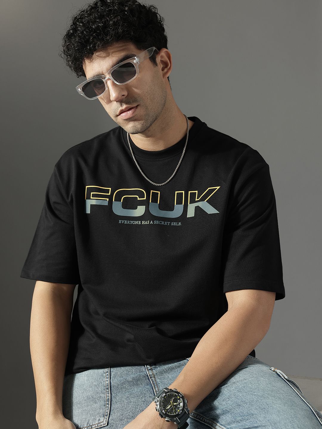 FCUK Brand Logo Printed Drop-Shoulder Sleeves Pure Cotton Oversized T-shirt