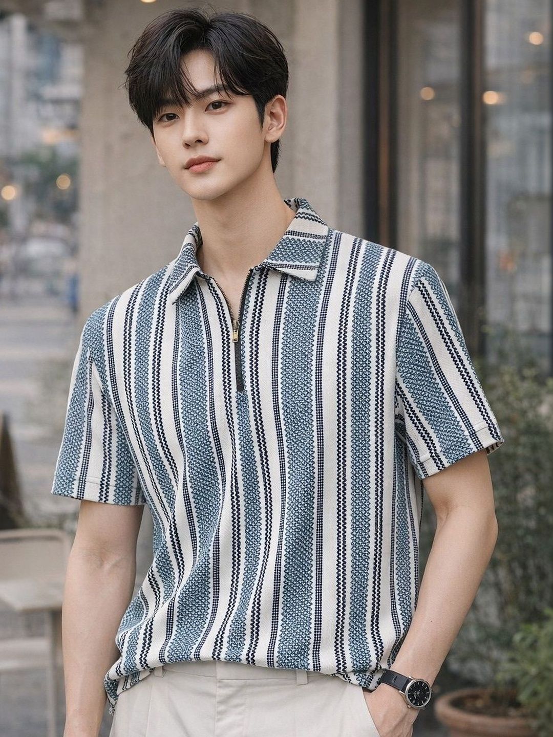 London Hills Men Striped Polo Collar T-shirt