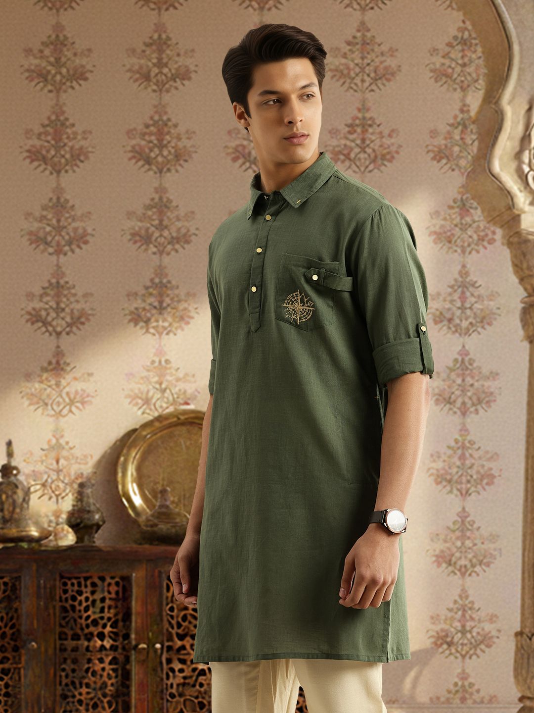 House of Pataudi Shirt Collar Roll-Up Sleeves Thread Work Detail Pure Cotton Jashn Kurta