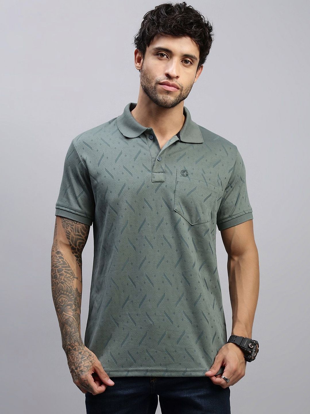 LUX NITRO Men Brasso Jacquard Textured Cotton Blend Pocket Polo T Shirt