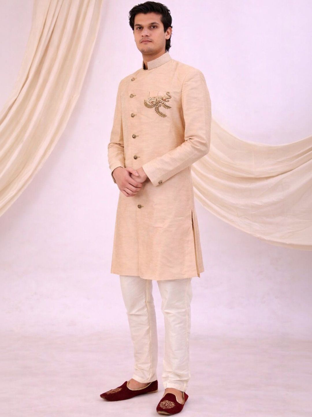 Desibutik Floral Woven Design Mandarin Collar Sherwani With Pyjama