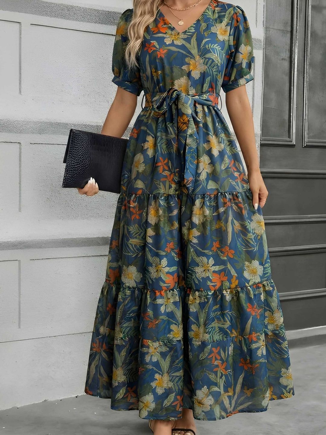 AmorLuxe Floral Print Puff Sleeve A-Line Maxi Dress